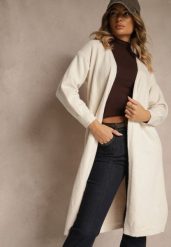 Biały Niezapinany Casualowy Kardigan z Wełną o Długim Kroju Zozita. Białe kardigany damskie Renee, uniwersalny, bez wzorów, z jeansu. Za 79.99 zł.