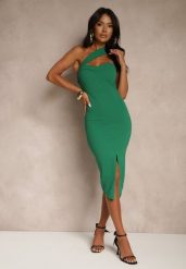 Zielona Koktajlowa Sukienka Typu Bodycon o Asymetrycznym Kroju Haliannea. Zielone sukienki damskie Renee, bez wzorów, wizytowe, bez ramiączek. Za 74.99 zł.
