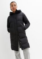Płaszcz puchowy na podszewce z nadrukiem, z odpychającego wodę materiału. Czarne płaszcze damskie bonprix, bez wzorów, z puchu, bez kaptura. Za 489.99 zł.