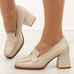 Beżowe półbuty damskie na słupku Potocki 12783. Czarne półbuty damskie POTOCKI, na jesień, z aplikacjami, z materiału, bez obcasa, na obcasie, bez zapięcia. Za 189.00 zł.