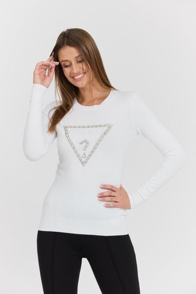 GUESS Biały damski sweter Rylie Triangle z dużym logo, Rozmiar S. Białe swetry klasyczne damskie Guess, s, z elastanu, bez kołnierzyka. W wyprzedaży za 322.99 zł.