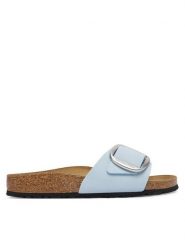 Birkenstock Klapki Madrid Big Buckle 1031798 Błękitny. Niebieskie klapki damskie Birkenstock, bez wzorów, z nubiku, bez obcasa, bez zapięcia. Za 509.99 zł.