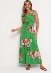 Zielona Rozkloszowana Sukienka w Kwiaty z Wiązaniami na Ramionach Saloa. Zielone sukienki damskie Born2be, z aplikacjami, z jeansu, eleganckie, bez ramiączek. W wyprzedaży za 31.99 zł.