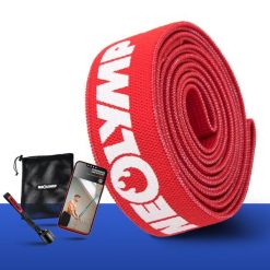 Długie taśmy fitness z tkaniny – poziom oporu 1, taśmy treningowe z torbą. Czerwone torby sportowe NEOLYMP, bez wzorów, ze skóry. Za 79.99 zł.
