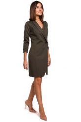 Khaki Elegancka Żakietowa Sukienka na Jeden Guzik. Brązowe sukienki damskie MOE, bez wzorów, z elastanu, eleganckie, bez ramiączek. Za 273.90 zł.