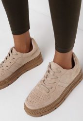 Beżowe Sneakersy na Grubej Podeszwie z Tłoczeniami Try to Forget. Brązowe obuwie sportowe damskie Born2be, przed kostkę, bez zapięcia. Za 69.99 zł.
