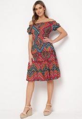 Czerwona Sukienka Bawełniana Hiszpanka w Stylu Boho Raelinora. Czerwone sukienki damskie Born2be, bez wzorów, z bawełny, boho, bez ramiączek. Za 79.99 zł.