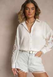 Biała Koszula o Fasonie Oversize z Haftowanymi Zdobieniami Dovelissa. Białe koszule damskie Renee, l, z aplikacjami, biznesowe, bez kołnierzyka, bez ramiączek. Za 74.99 zł.
