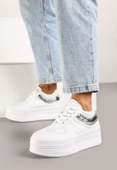 Biało-Srebrne Sznurowane Sneakersy Vices na Grubej Podeszwie Ozdobiona Napisem Annalira. Białe obuwie sportowe damskie Born2be, z jeansu, bez zapięcia. Za 84.99 zł.