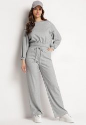 Szary Komplet Bawełniany Spodnie Szerokie ze Sznurkiem w Pasie i Bluza ze Ściągaczami Urionne. Szare bluzy damskie Born2be, l, bez wzorów, z bawełny, bez kaptura. Za 189.99 zł.