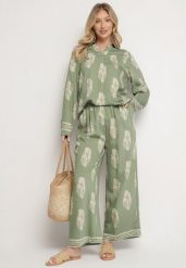 Zielony Komplet w Stylu Boho Oversize Długa Koszula i Luźne Spodnie Meppina. Zielone koszule damskie Born2be, na wiosnę, m, bez wzorów, boho, bez kołnierzyka, bez ramiączek. Za 119.99 zł.