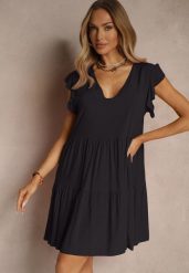 Czarna Bawełniana Sukienka Rozkloszowana z Falbankami Mirlio. Czarne sukienki damskie Renee, bez wzorów, z bawełny, eleganckie, bez ramiączek. W wyprzedaży za 39.99 zł.
