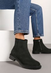 Czarne Botki z Imitacji Zamszu w Eleganckim Stylu Niadoraea. Czarne botki damskie Renee, na zimę, z jeansu, eleganckie, bez obcasa, na obcasie, bez zapięcia. Za 109.99 zł.
