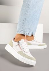 Biało-Zielone Sneakersy ze Skóry Naturalnej z Ozdobnym Suwakiem Tilliraya. Białe obuwie sportowe damskie Renee, ze skóry, bez zapięcia. Za 169.99 zł.