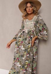 Beżowo-Granatowa Sukienka Boho z Wiskozy Ozdobiona Ażurową Koronką i Chwostami Giorna. Brązowe sukienki damskie Renee, w ażurowe wzory, z koronki, boho, bez ramiączek. W wyprzedaży za 63.99 zł.