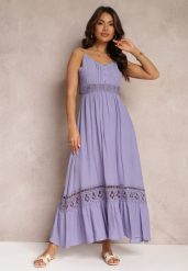 Fioletowa Rozkloszowana Sukienka Maxi z Falbanką i Koronką Luluma. Fioletowe sukienki damskie Renee, bez wzorów, z koronki, bez ramiączek. W wyprzedaży za 143.99 zł.