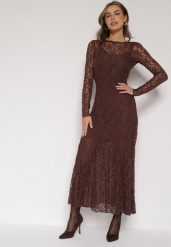 Brązowa Koronkowa Sukienka Taliowana z Odkrytymi Plecami Talifera. Brązowe sukienki damskie Born2be, bez wzorów, z koronki, eleganckie, bez ramiączek. Za 159.99 zł.