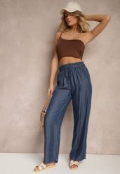 Granatowe Spodnie z Bawełny High Waist z Gumką i Wiązaniem w Talii Lisadriela. Niebieskie spodnie materiałowe damskie Renee, bez wzorów, z bawełny. Za 39.99 zł.