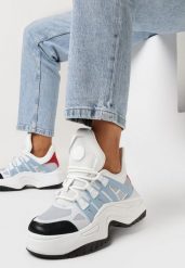 Biało-Niebieskie Sneakersy na Grubej Podeszwie ze Żłobieniami i Przeszyciami Arilne. Białe obuwie sportowe damskie Born2be, bez zapięcia. Za 79.99 zł.