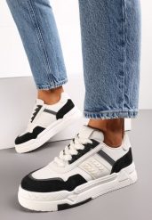 Biało-Czarne Płaskie Sneakersy na Grubej Podeszwie ze Sznurowaniem i Perforacją Obena. Białe obuwie sportowe damskie Renee, bez zapięcia. Za 89.99 zł.