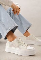 Beżowe Ażurowe Trampki na Platformie Irivana. Brązowe obuwie sportowe damskie Renee, w ażurowe wzory, z jeansu, bez zapięcia. Za 79.99 zł.