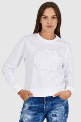 GUESS Biała bluza damska z literką g obszytą płatkami. Białe bluzy damskie Guess, s, z aplikacjami, z bawełny, bez kaptura. W wyprzedaży za 249.99 zł.