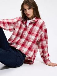 Flanelowa koszula w kratę - czerwony. Czerwone koszule damskie Reserved, l, bez wzorów, z bawełny, bez kołnierzyka, bez ramiączek. Za 139.99 zł.