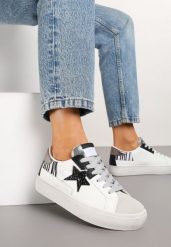 Biało-Szare Sneakersy na Grubej Podeszwie Zdobione Brokatem Felthara. Białe obuwie sportowe damskie Born2be, z jeansu, bez zapięcia. Za 89.99 zł.