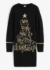 Sukienka dzianinowa z bożonarodzeniowym motywem. Czarne sukienki damskie bonprix, bez wzorów, z dzianiny, eleganckie, bez ramiączek. Za 169.99 zł.
