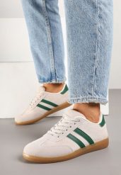 Beżowo-Zielone Sneakersy w Stylu Klasycznych Tenisówek z Ozdobnymi Przeszyciami Revasa. Brązowe obuwie sportowe damskie Born2be, z jeansu, bez zapięcia, tenisowe. Za 64.99 zł.