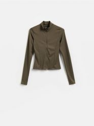 Bluza ze stójką - ciemnozielony. Zielone bluzy damskie Reserved, l, bez wzorów, z dzianiny, bez kaptura. Za 99.99 zł.