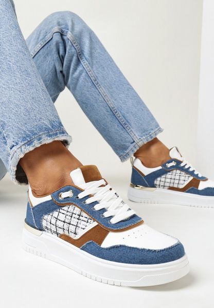 Granatowe Sneakersy na Niskiej Platformie z Tweedową Wstawką Niman. Niebieskie obuwie sportowe damskie Born2be, bez zapięcia. Za 44.99 zł.