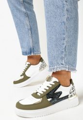 Biało-Zielone Sznurowane Sneakersy na Płaskiej Podeszwie z Metaliczną i Brokatową Wstawką Mebassa. Białe obuwie sportowe damskie Born2be, przed kostkę, bez zapięcia. Za 89.99 zł.
