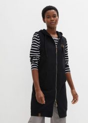 Długa kamizelka dresowa z kapturem, z mieszanki bawełny. Czarne kamizelki damskie bonprix, bez wzorów, z bawełny, z kapturem. Za 147.99 zł.