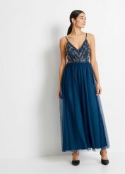 Sukienka na ramiączkach z aplikacją z perełek. Niebieskie sukienki damskie bonprix, z aplikacjami, z tiulu, eleganckie, bez ramiączek. Za 219.99 zł.