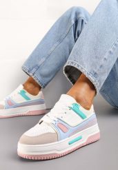 Biało-Różowe Sneakersy ze Wstawkami z Ekozamszu na Grubej Podeszwie Anecta. Białe obuwie sportowe damskie Renee, z jeansu, bez zapięcia. Za 79.99 zł.
