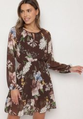 Brązowa Sukienka o Rozkloszowanym Kroju w Kwiaty Zeramera. Brązowe sukienki damskie Born2be, bez wzorów, z wiskozy, bez ramiączek. Za 99.99 zł.
