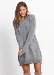 Sukienka dzianinowa oversize z szenili. Szare sukienki damskie bonprix, bez wzorów, z dzianiny, bez ramiączek. Za 132.99 zł.