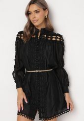 Czarna Koszulowa Sukienka w Stylu Vintage ze Stójką i Paskiem w Talii Glikoma. Czarne sukienki damskie Born2be, bez wzorów, vintage, bez ramiączek. W wyprzedaży za 203.99 zł.