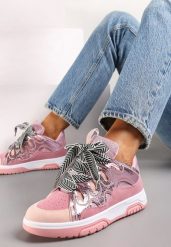 Różowe Sneakersy Ozdobione Brokatem z Oryginalnym Sznurowaniem Patricie. Czerwone obuwie sportowe damskie Renee, bez zapięcia. Za 109.99 zł.