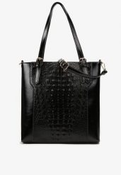 Czarna Duża Torebka na Ramię z Ozdobnym Tłoczeniem Kelin. Czarne shopper bag Renee, ze skóry, na ramię, duże, z tłoczeniem, bez dodatków. Za 149.99 zł.