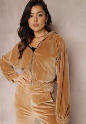 Beżowa Bluza Welurowa Krótka z Suwakiem Vahi. Brązowe bluzy damskie Renee, bez wzorów, z jeansu, bez kaptura. Za 69.99 zł.