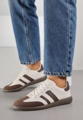 Beżowo-Brązowe Płaskie Sneakersy Ozdobione Paskami Glaria. Brązowe obuwie sportowe damskie Born2be, z jeansu, bez zapięcia. Za 89.99 zł.