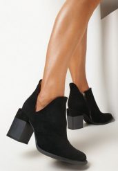 Czarne Botki z Wycięciem i Geometrycznym Słupkiem Gizaaf. Czarne botki damskie Born2be, z jeansu, eleganckie, za kostkę, bez obcasa, na obcasie, bez zapięcia. Za 49.99 zł.