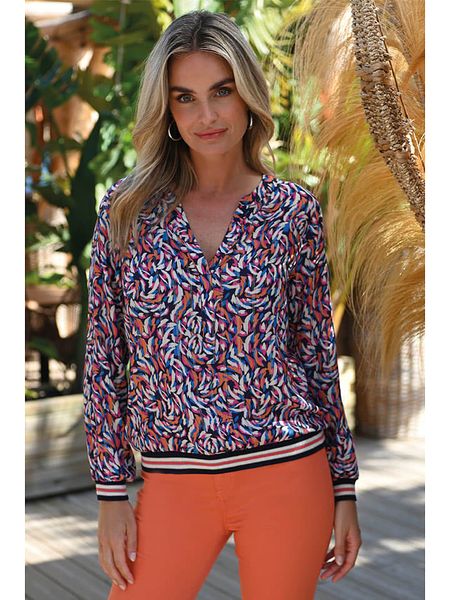 Bleu d'Azur Bluzka "Memphis" w kolorze biało-granatowo-pomarańczowym rozmiar: 40. Białe bluzki damskie Bleu d'Azur, w ażurowe wzory, klasyczne, bez kołnierzyka, bez ramiączek. Za 118.84 zł.