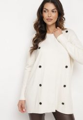 Jasnobeżowy Sweter Ozdobiony Guzikami Labiona. Brązowe swetry klasyczne damskie Born2be, l, z jeansu, bez kołnierzyka. Za 64.99 zł.