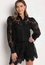 Czarny Komplet z Bawełną Koszula i Szorty Ozdobione Ażurowym Wzorem Zeralea. Czarne koszule damskie Born2be, m, z aplikacjami, z bawełny, eleganckie, bez kołnierzyka, bez ramiączek. Za 169.99 zł.