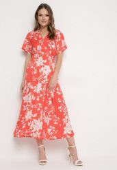 Pomarańczowo-Biała Sukienka Długa z Kopertową Górą w Kwiatowy Print Solmare. Brązowe sukienki damskie Born2be, bez wzorów, eleganckie, bez ramiączek. Za 79.99 zł.