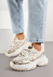 Złote Sneakersy na Grubej Podeszwie Ozdobione Geometrycznym Motywem Mevillia. Żółte obuwie sportowe damskie Born2be, bez zapięcia, trekkingowe. Za 109.99 zł.