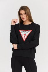 GUESS Czarna damska bluza z dużym logo Original Fleece. Czarne bluzy damskie Guess, s, z aplikacjami, z bawełny, bez kaptura. W wyprzedaży za 159.99 zł.